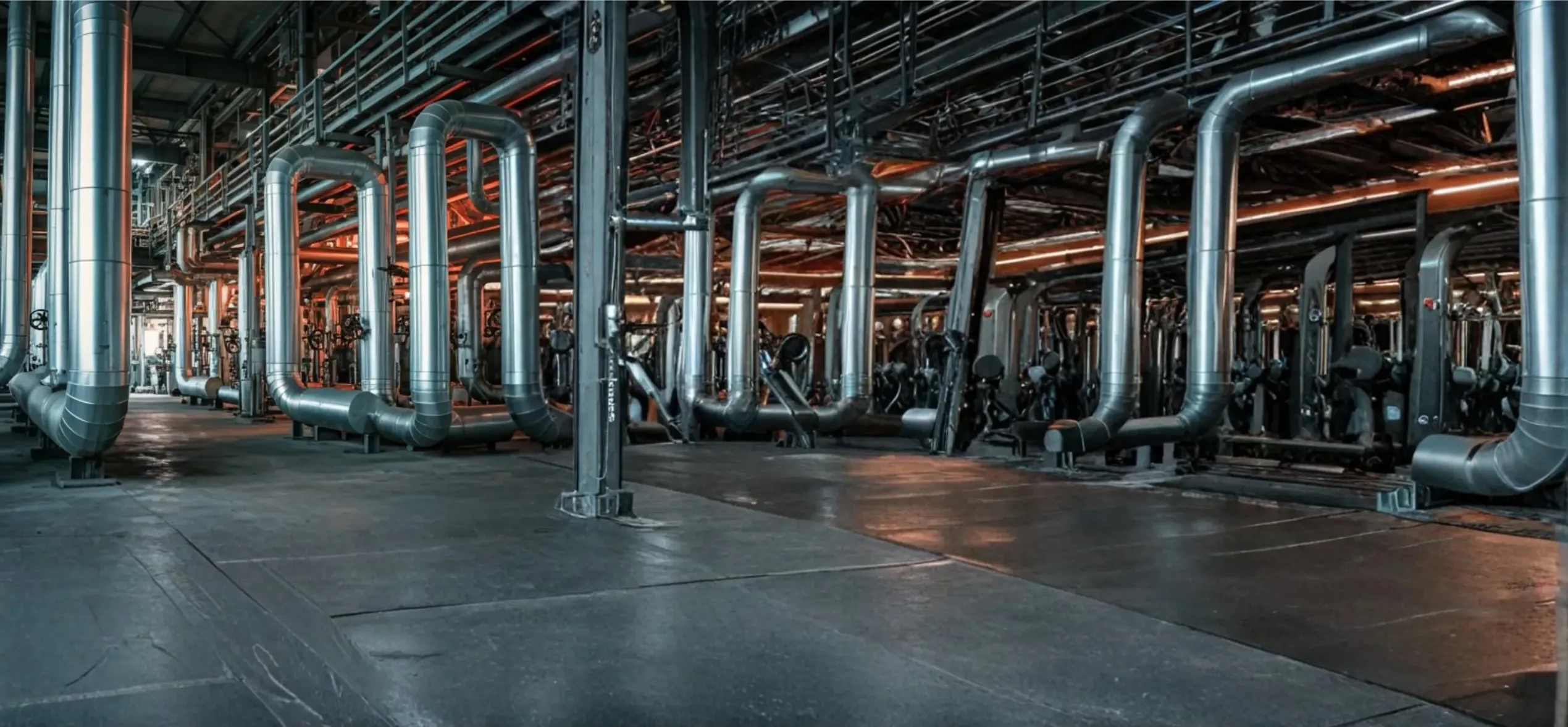 A high-tech industrial facility with complex steel piping and advanced machinery