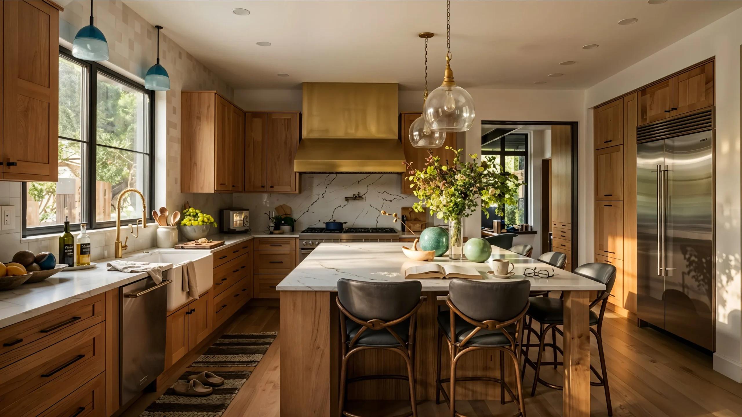 Elegant kitchen dining area with table, chairs, and a vase of flowers