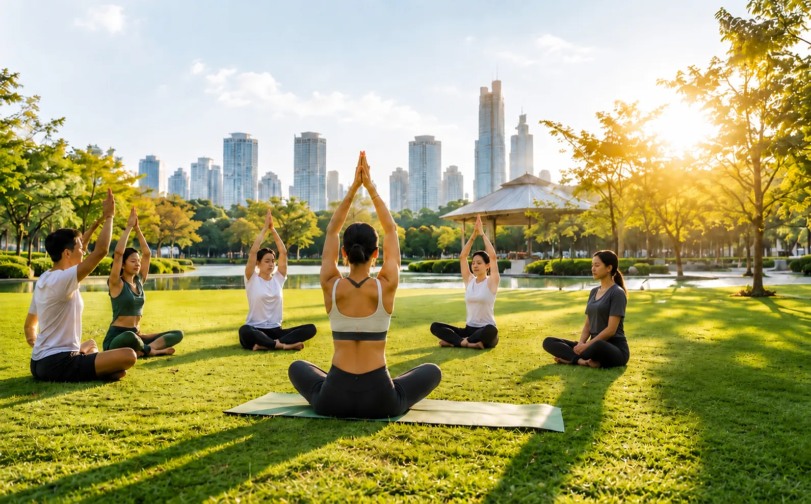 กลุ่มคนฝึกโยคะกลางแจ้งในสวนสาธารณะกลางเมือง บรรยากาศเช้าสดใส วิวตึกสูงด้านหลัง สื่อถึงสุขภาพและความเป็นอยู่ที่ดี